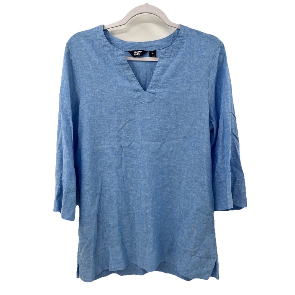 Lands End Womens Linen Blend Tunic Top Size M Light‎ Blue Pockets 3/4 Sleeve